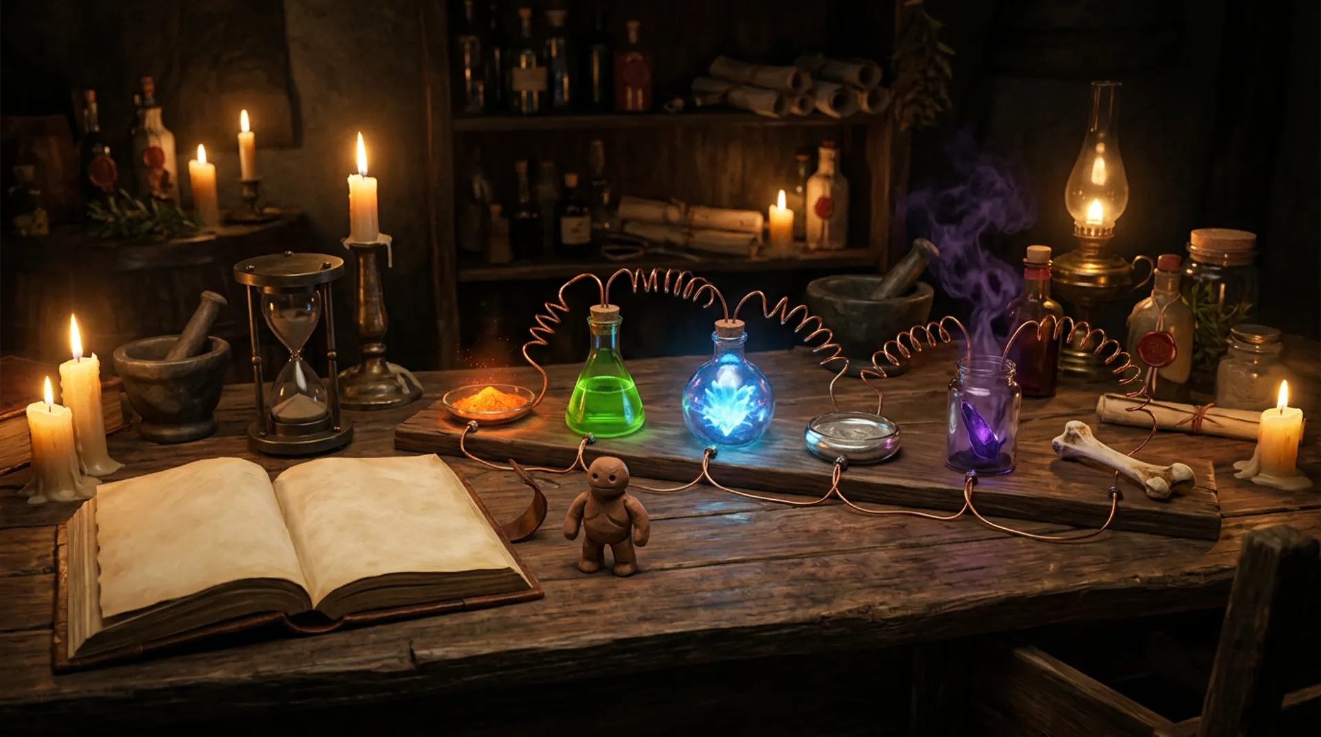 A candlelit alchemist's bench: glowing reagents in a row wired together with copper coils, an hourglass, a clay golem figurine, a bleached bone and an open book with blank pages.