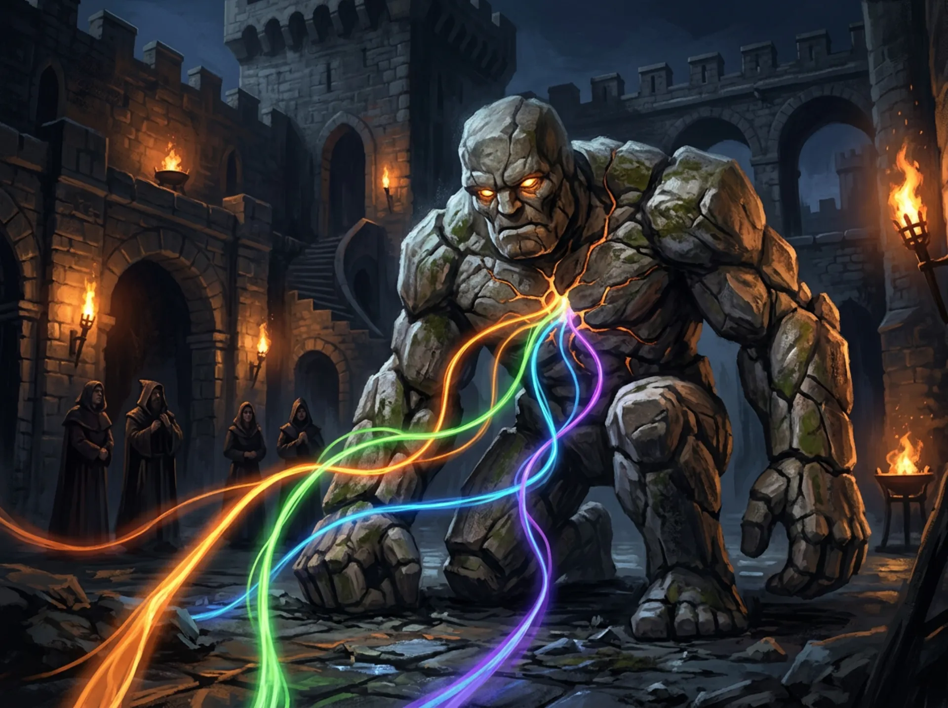 A great stone golem kneels in a torchlit courtyard as ribbons of orange, green, blue and violet light wind into the cracks of its chest while hooded apprentices watch.