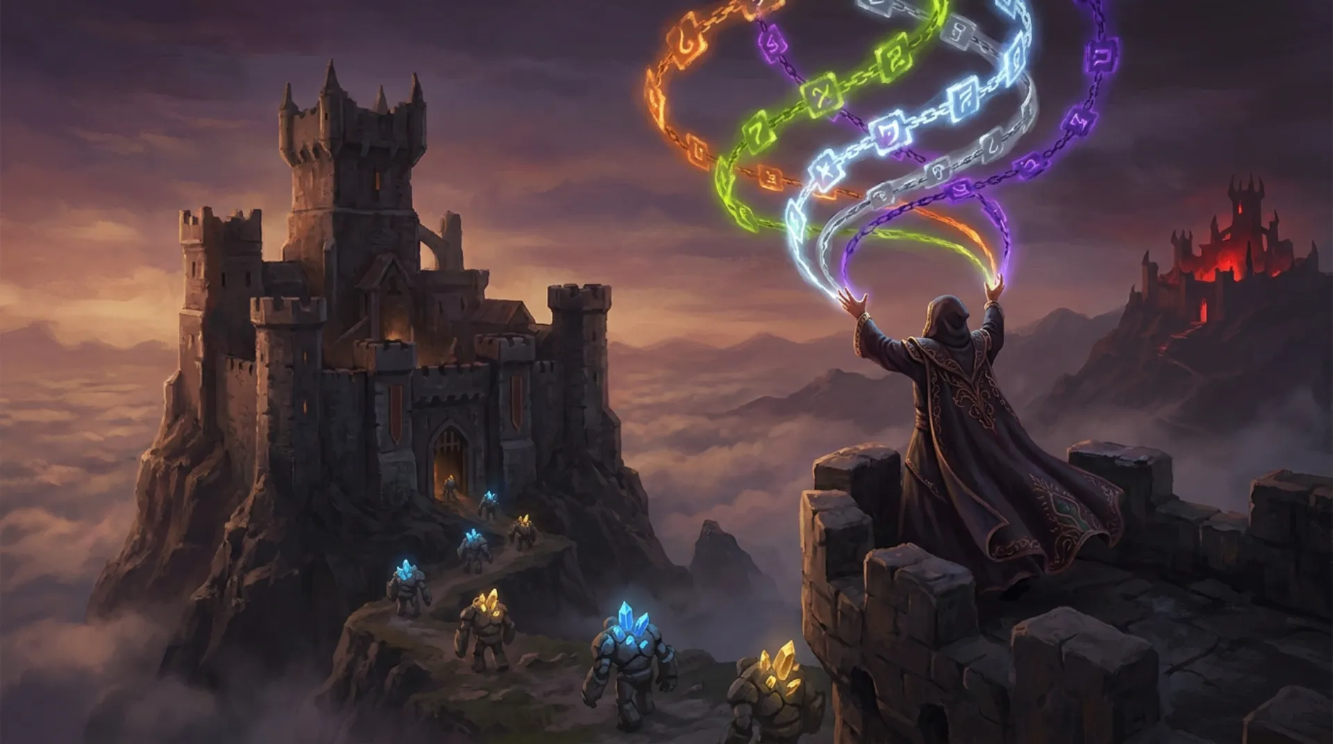 A robed Alchemancer on a fortress battlement weaves five chained ribbons of glyph blocks into the dusk sky while stone golems haul glowing crystals up the cliff path; a rival fortress burns red on the far ridge.